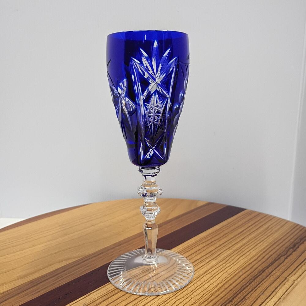 Bohemian Cut To Clear Crystal Wine Hock Cobalt Blue Etched